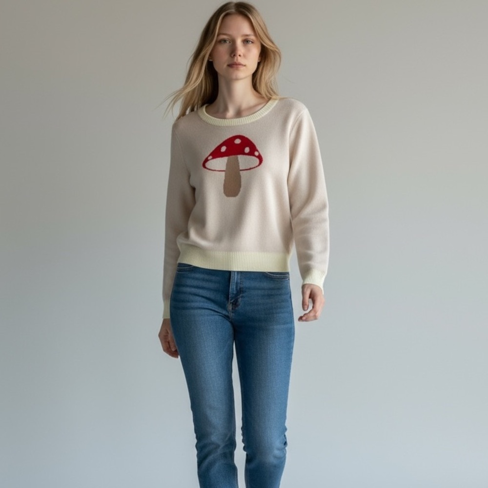 SOCIAL SCENE -‎ SIZE MEDIUM - FUN SWEATER WITH A 7” COLORFUL MUSHROOM B12